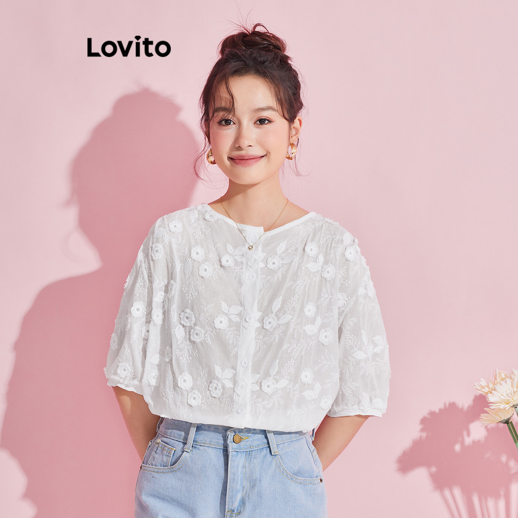 Lovito Elegant Plain Eyelet Embroidery Blouse For Women L74ED228