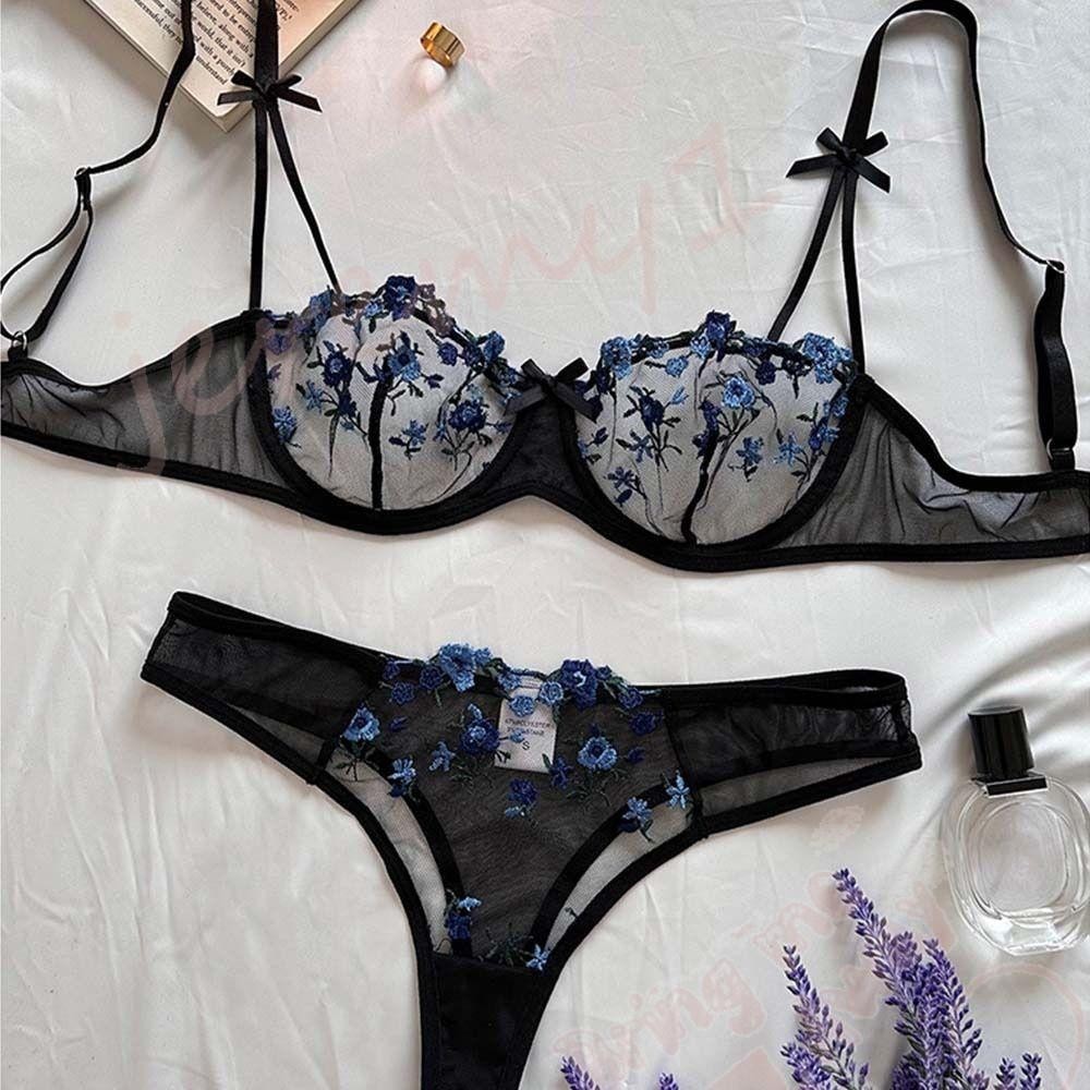 JEREMY1 Floral Embroidery Lingerie Set Ultra Thin Breathable Sexy