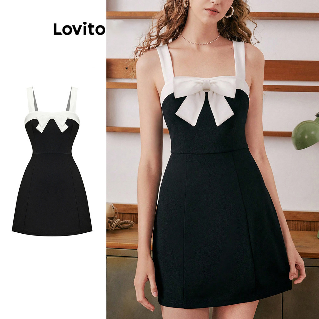 Lovito Women Casual Plain Bow Front Contrast Binding Dress L79AD080