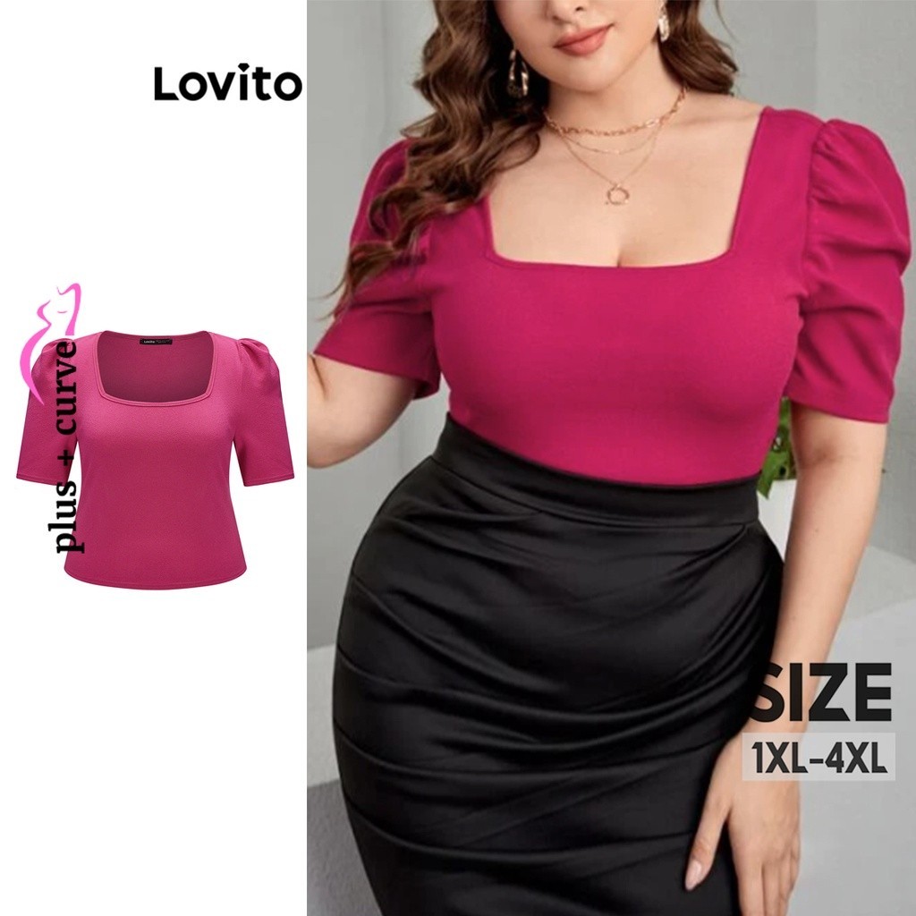 Lovito Plus Size Curve Women Square Neck Basic T Shirt Lbe