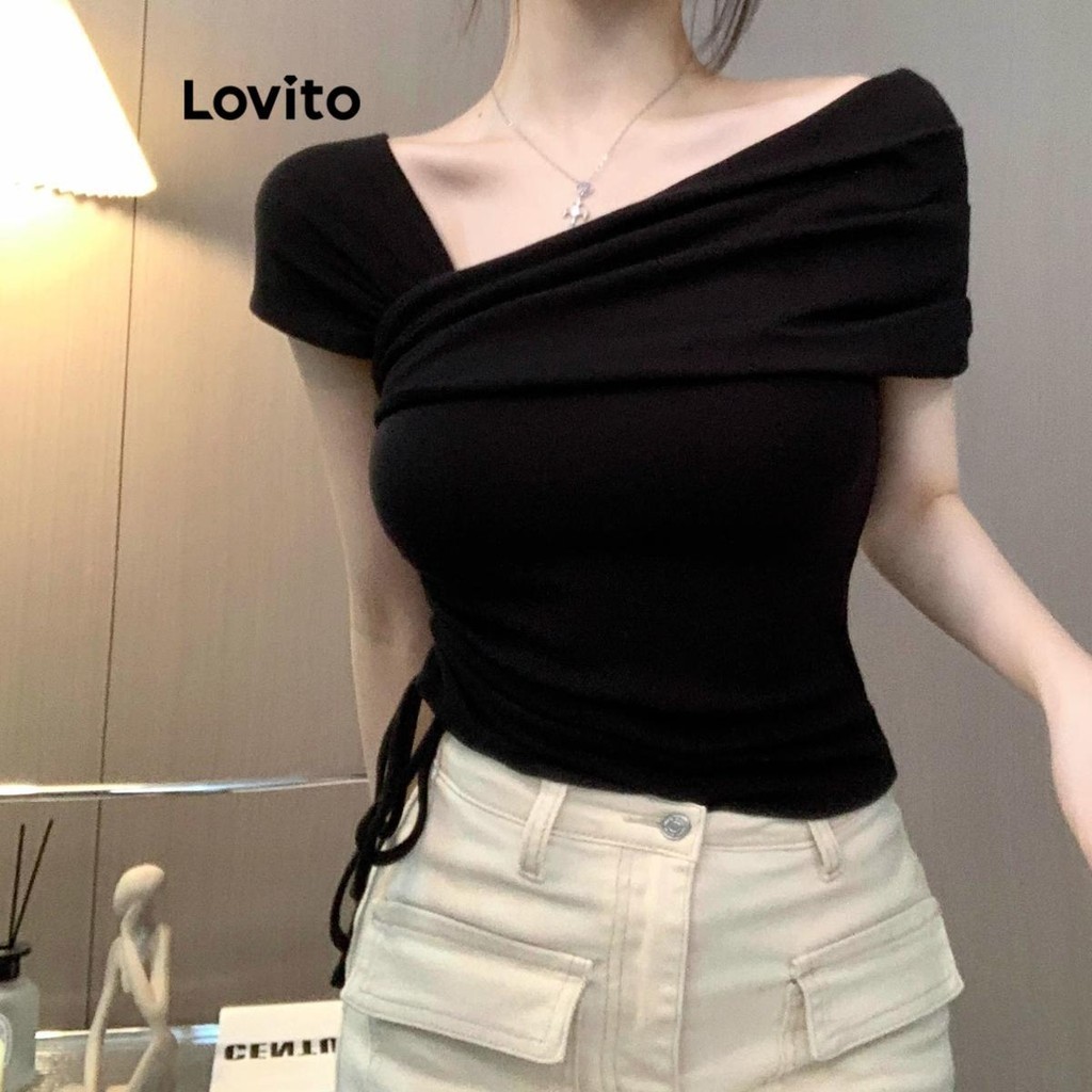 Lovito Women Casual Plain Asymmetrical Drawstring T Shirt Lne