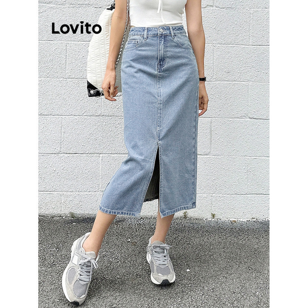 Lovito Women Casual Plain Split Front Denim Skirts L Ad Shopee