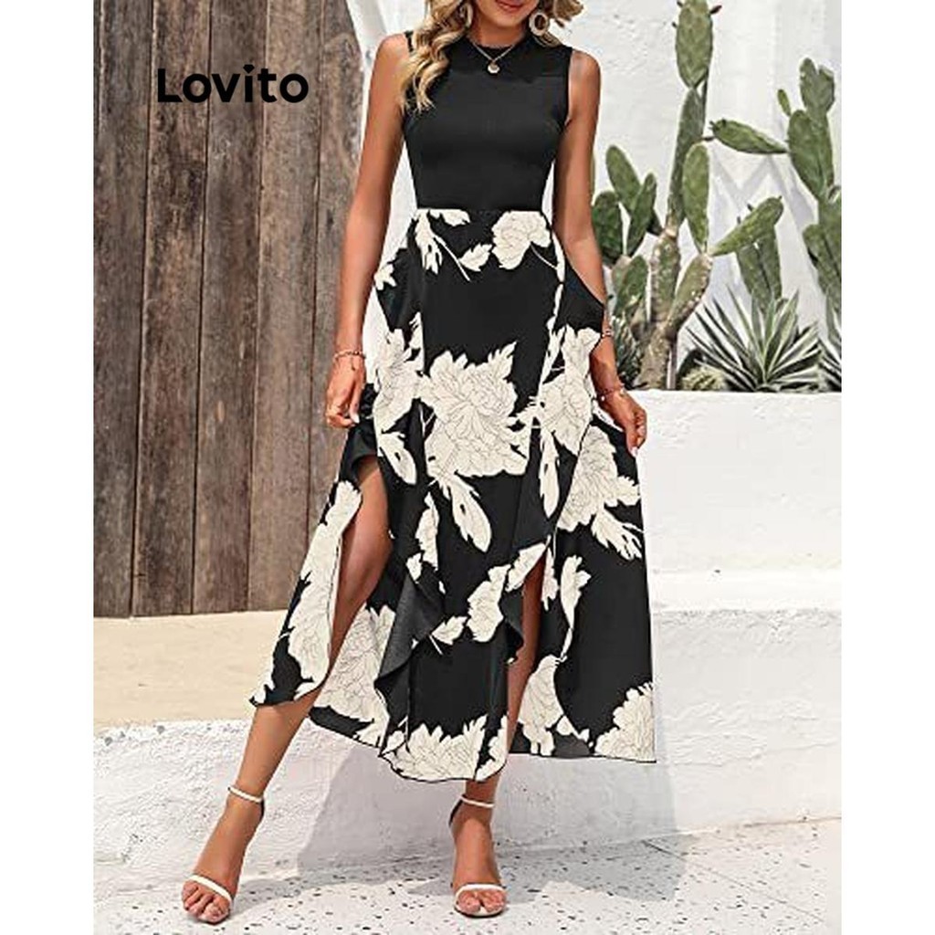 Lovito Women Boho Floral Colorblock Pattern Fabric Stitching Dress