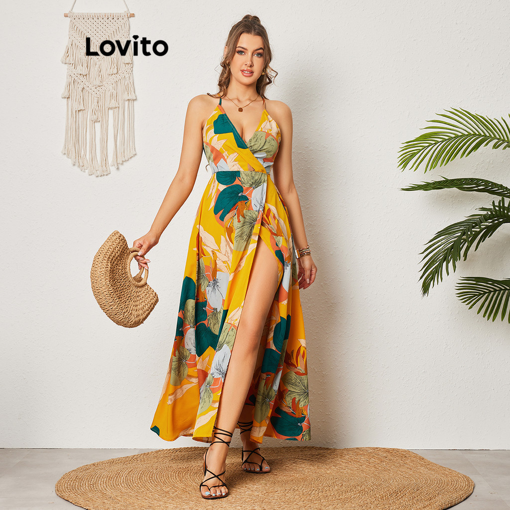 Lovito Women Boho Floral Split Wrap Dress Lbl Shopee Philippines