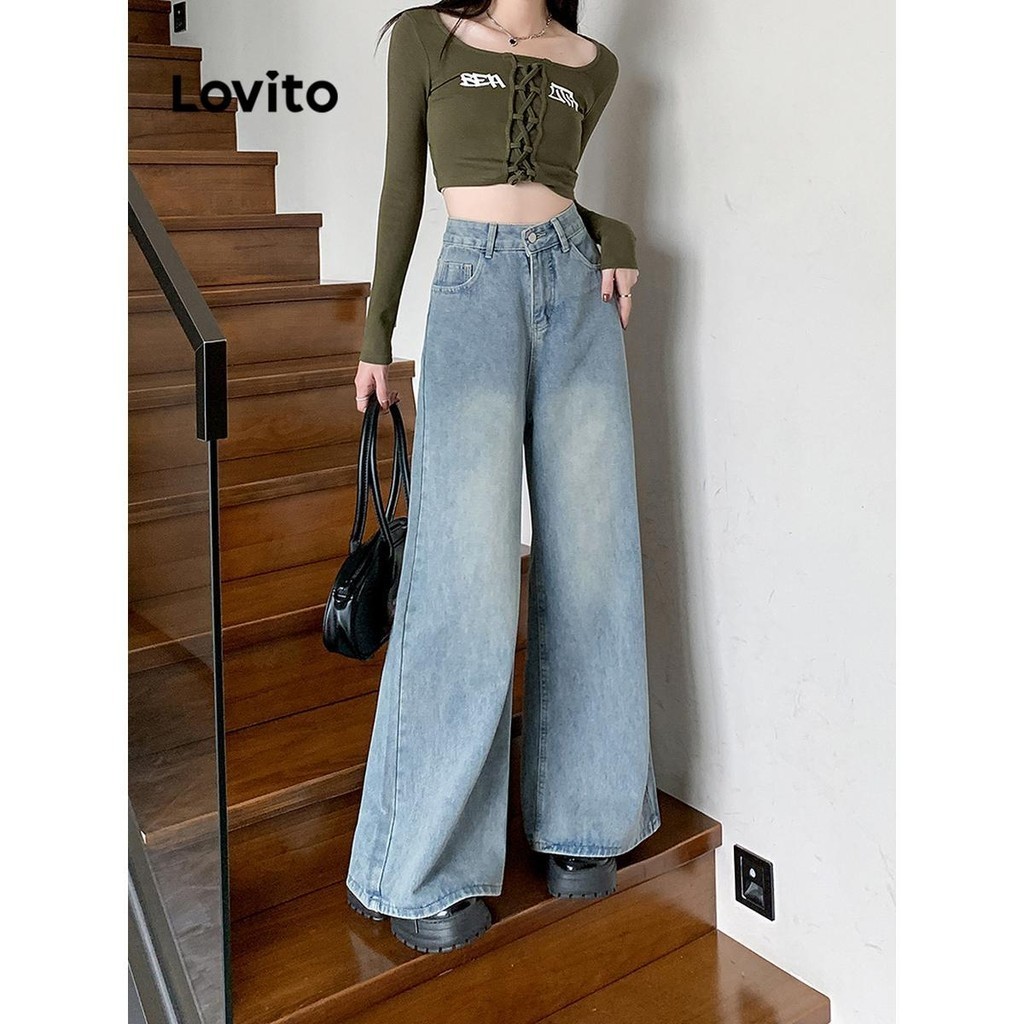 Lovito Casual Plain Pocket Zipper Button Jeans Para Sa Babae LNE51235