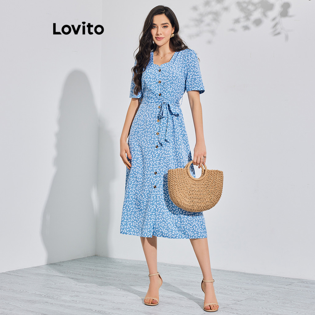 Lovito Women Boho Ditsy Floral Button Front Belted Dress LBL08171