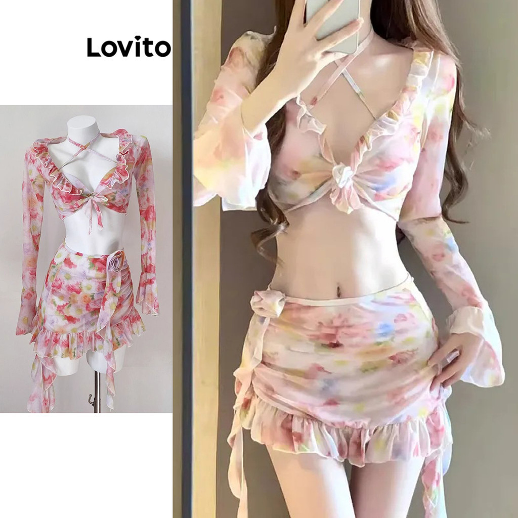 Lovito Women Casual Ditsy Floral Plicated Twist Bikini Sets Lna