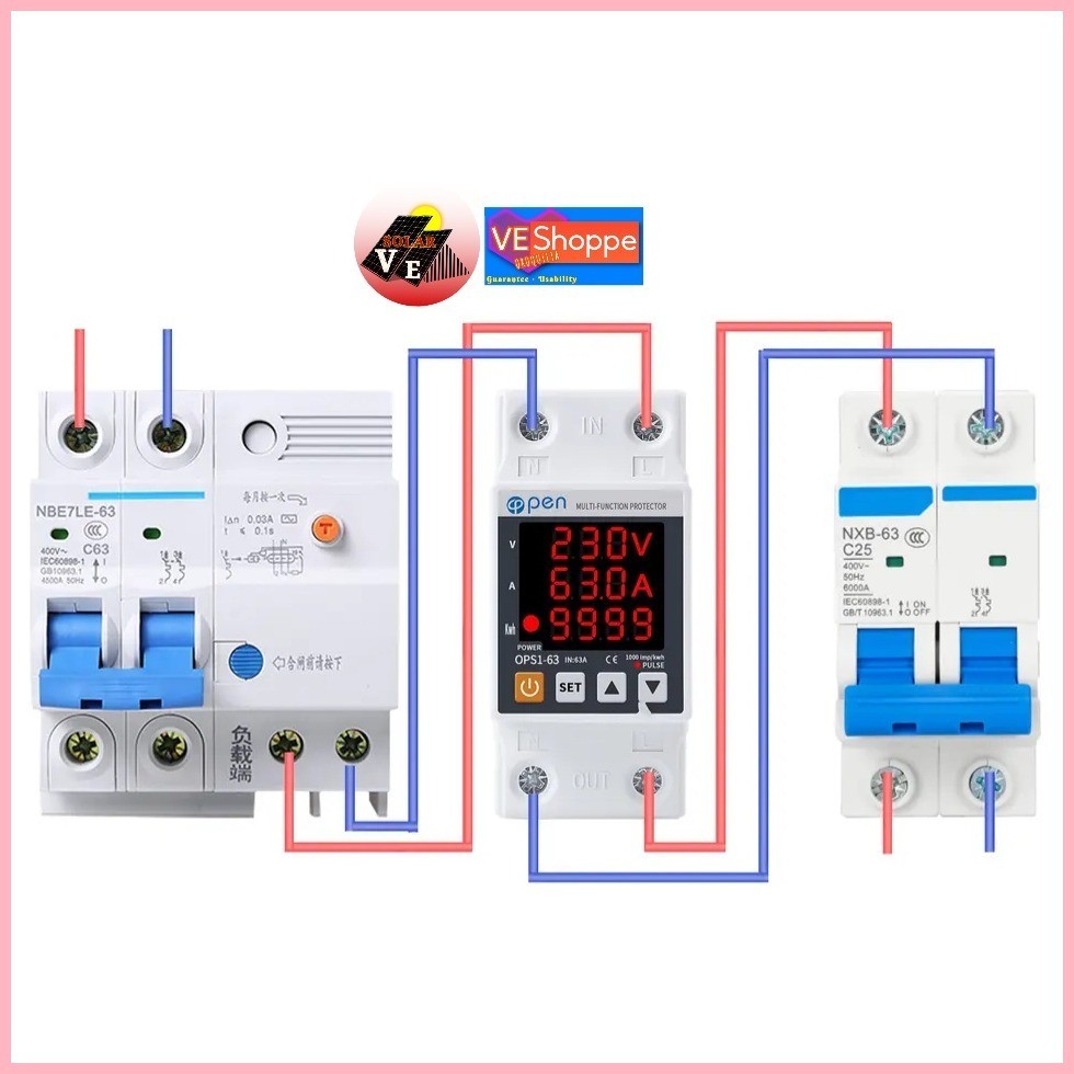 63A 230V 3IN1 Display Din Rail Adjustable Over Under Voltage Surge