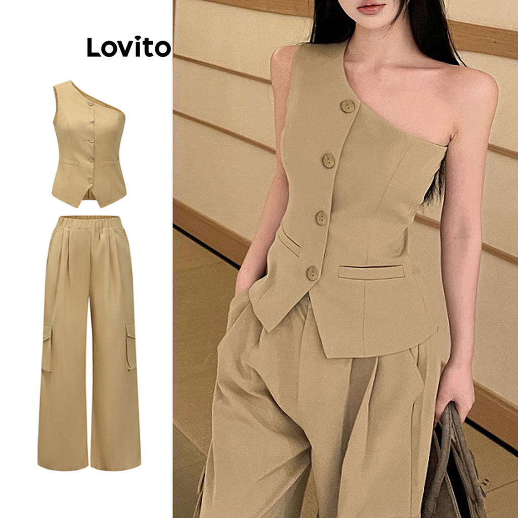 Lovito Women Casual Plain Button Asymmetrical One Shoulder Pants Sets