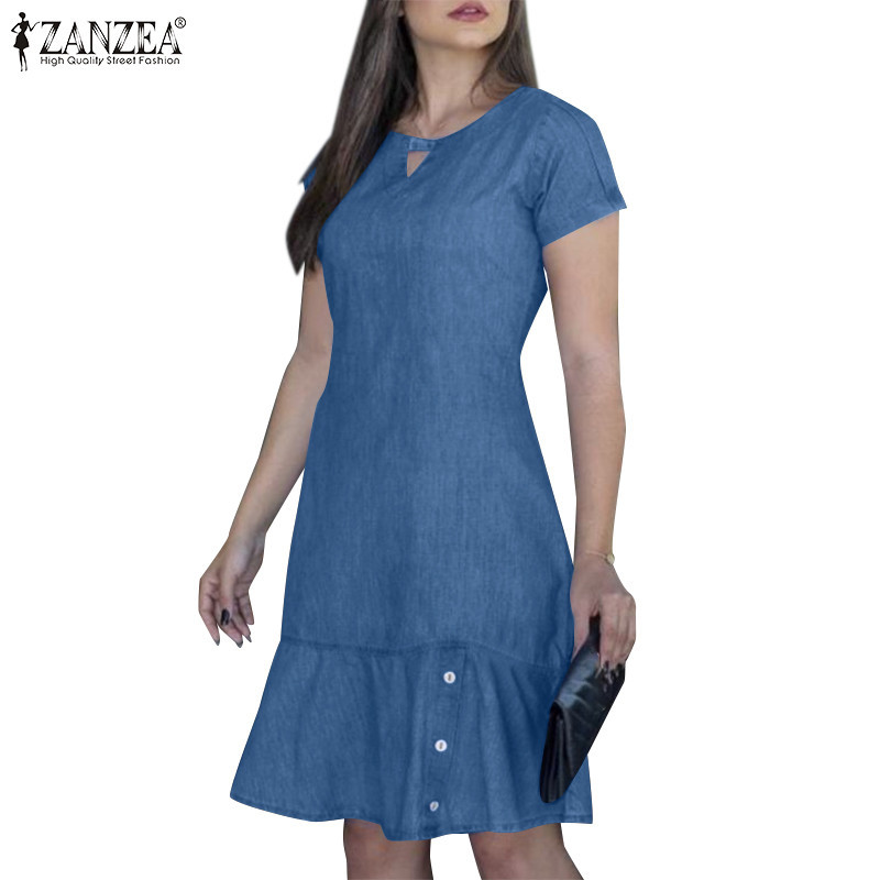 Zanzea Women Vintage Daily Plain Color Casual Short Sleeved Fishtail