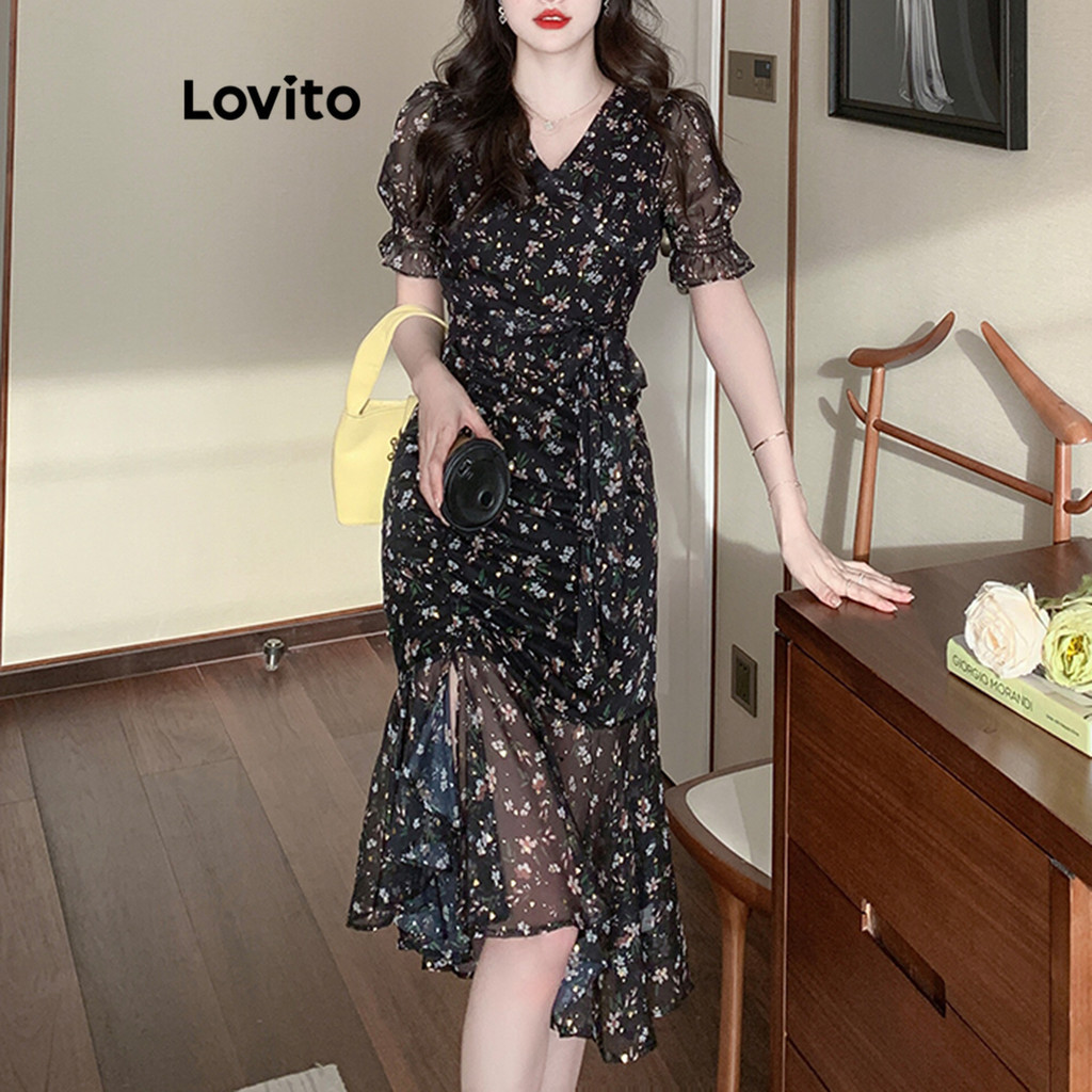 Lovito Women Elegant Ditsy Floral Lettuce Trim Split Belted Dress