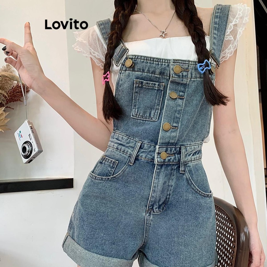 Lovito Women Casual Plain Button Pocket Raw Wash Denim Overall LNE45351