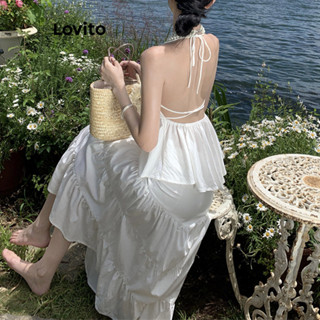 Lovito Women Boho Plain Tie Front Ruffle Hem Skirt Sets Lba