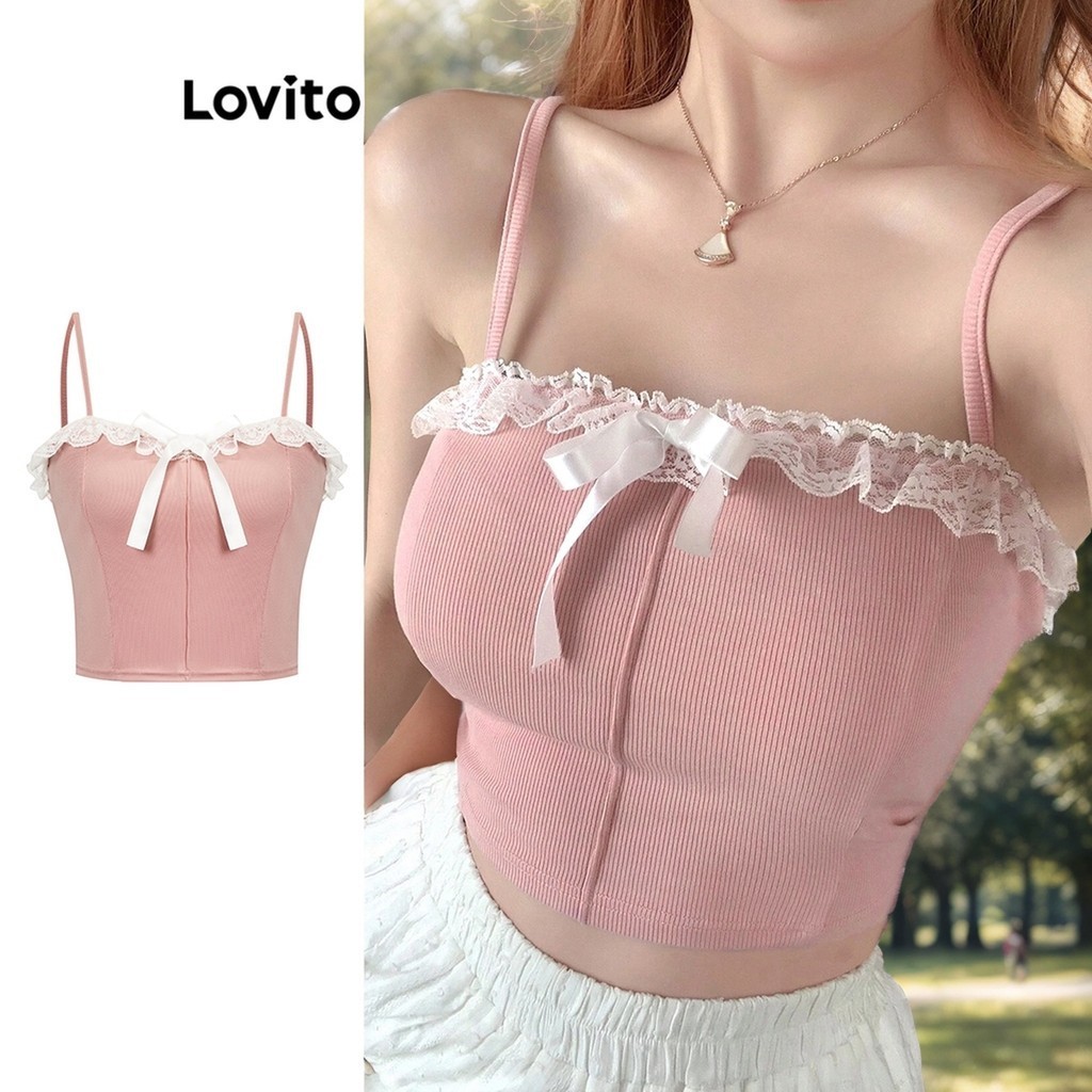 Lovito Women Cute Plain Lace Bow Front Tank Top L Ad Shopee