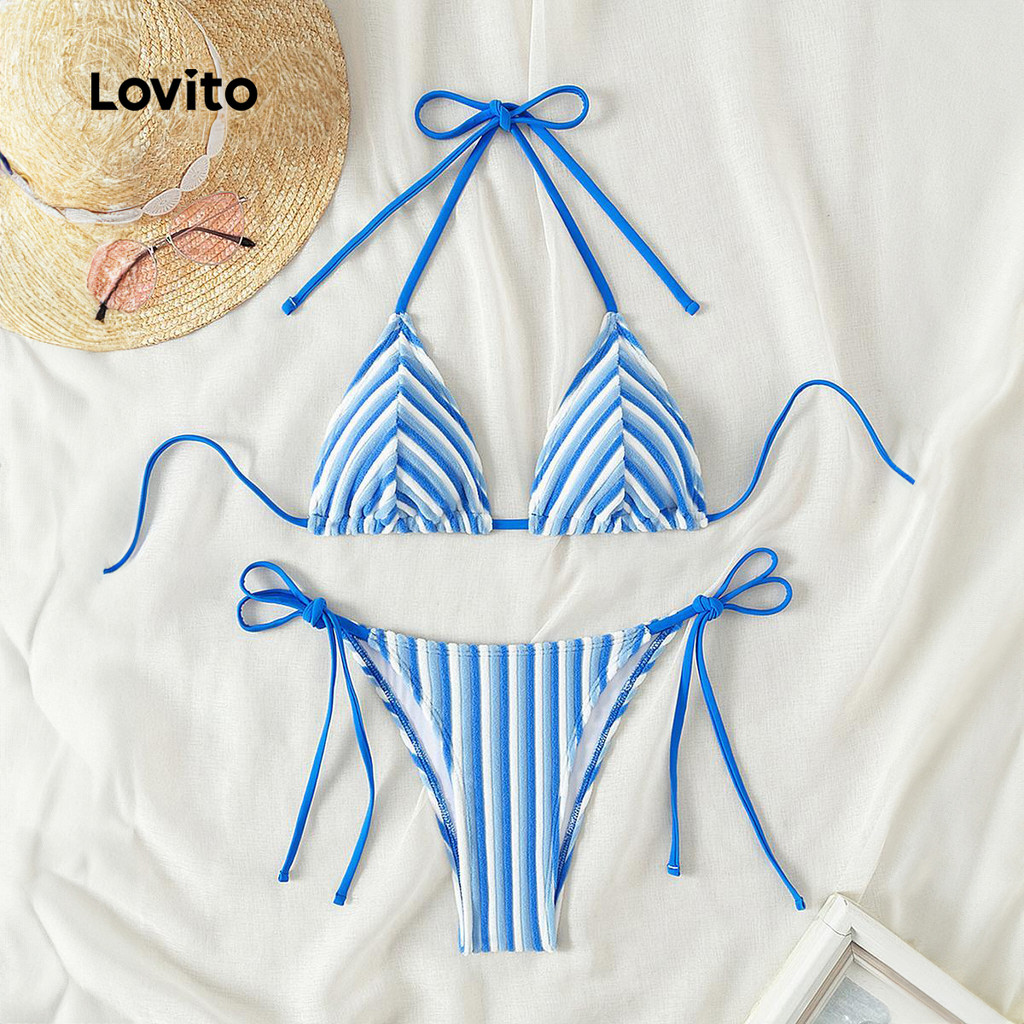 Lovito Women Sexy Striped Tie Back Bikini Sets LNL87048 Shopee
