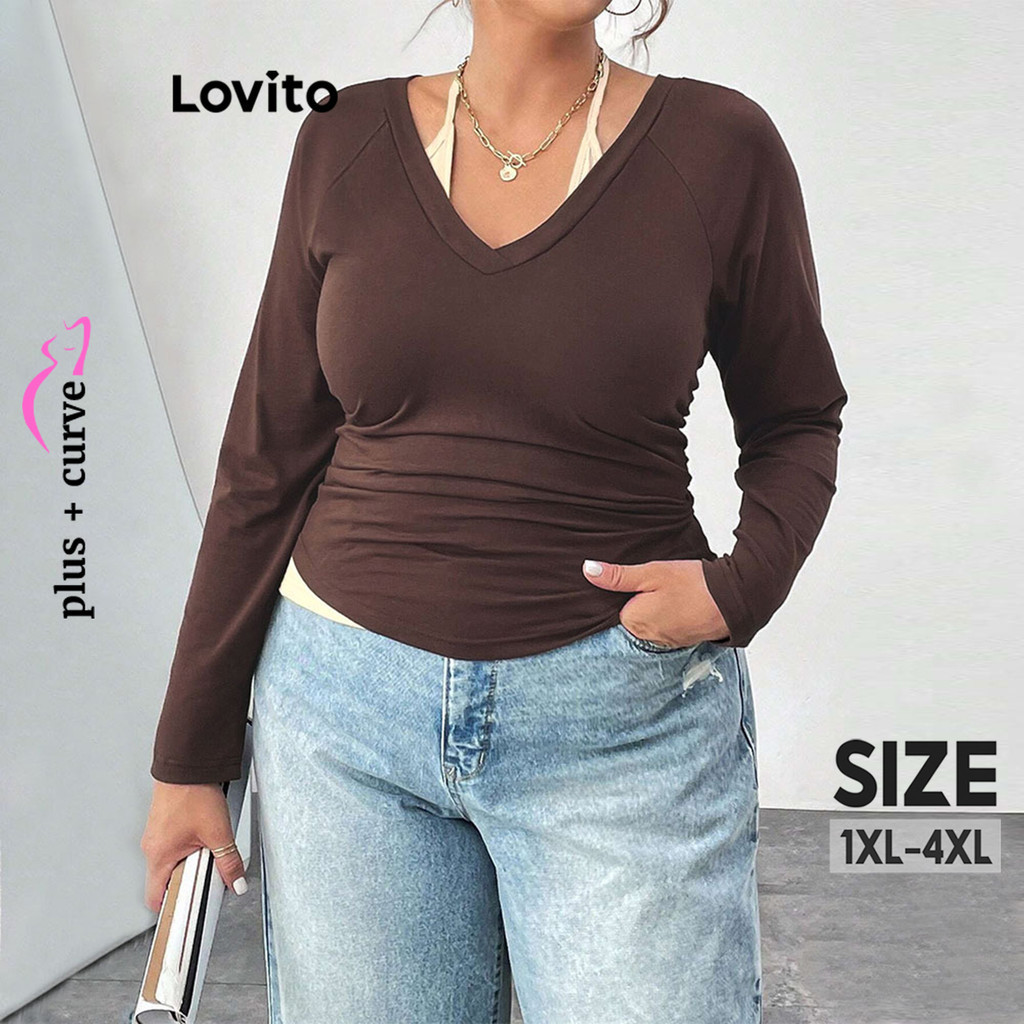 Lovito Women Plus Size Curve Casual Plain Ruched T Shirt Lnl