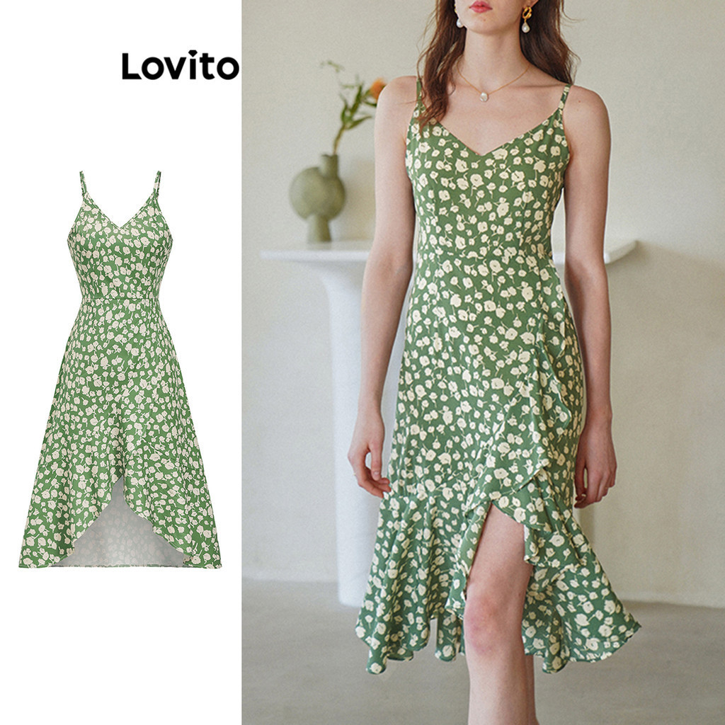 Lovito Women Boho Ditsy Floral Ruffle Hem Pattern Dress L Ed