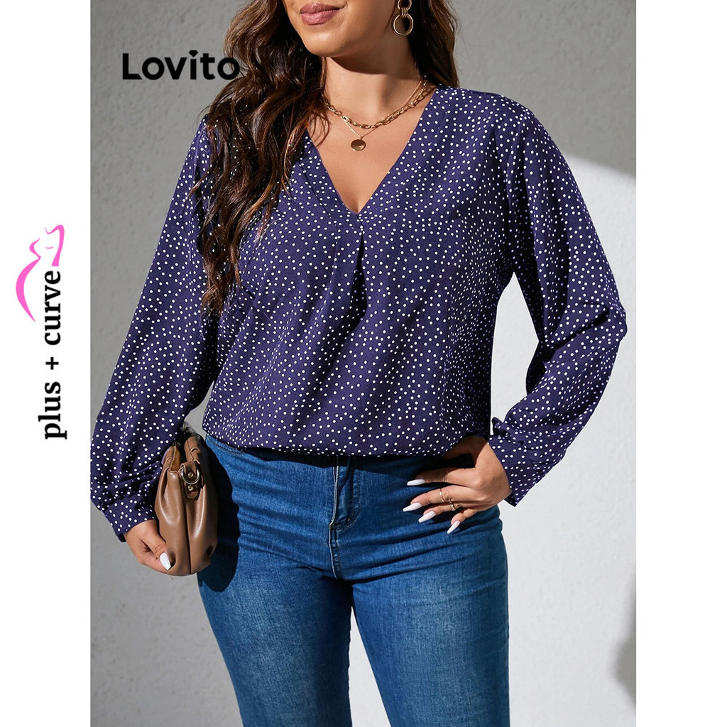 Lovito Women Plus Size Curve Casual Polka Dot Pleated Blouse LBL13288