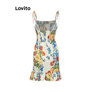 Lovito Women Casual Floral Ruffle Hem Bow Lace Up Dress L Ad