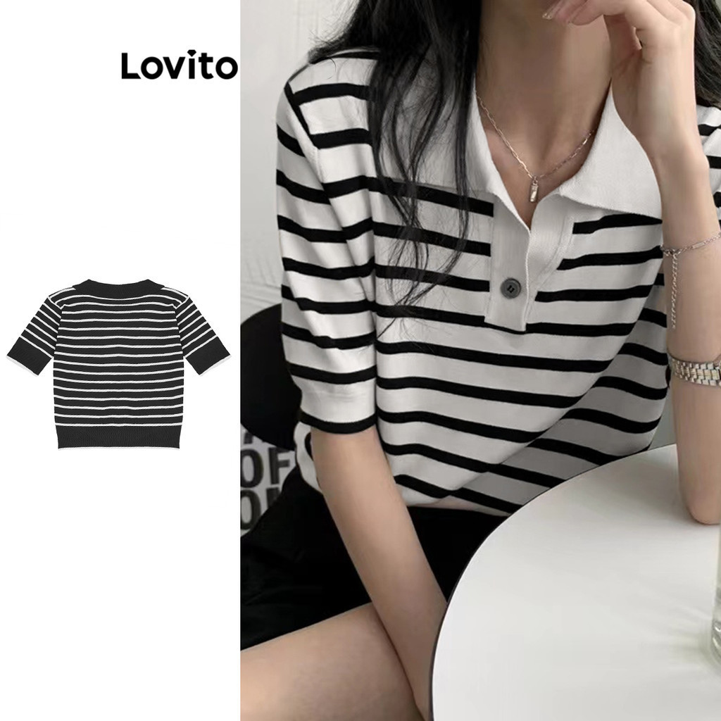 Lovito Casual Striped Colorblock Polo Neck Short Sleeves Knit Top For