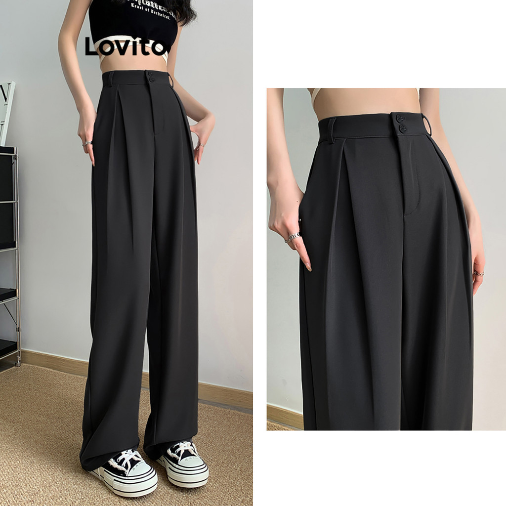 Lovito Women Casual Plain Pleated Pocket Pants L Md Shopee