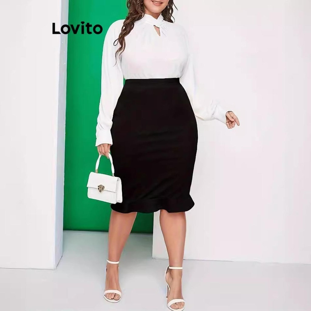 Lovito Women Plus Size Curve Elegant Plain Ruffle Hem Skirt LNE66287