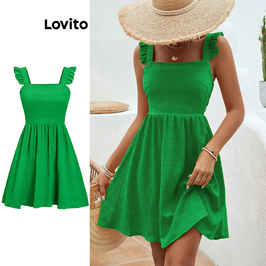 Lovito Women Boho Plain Lettuce Trim Jacquard Dress L Ed Shopee