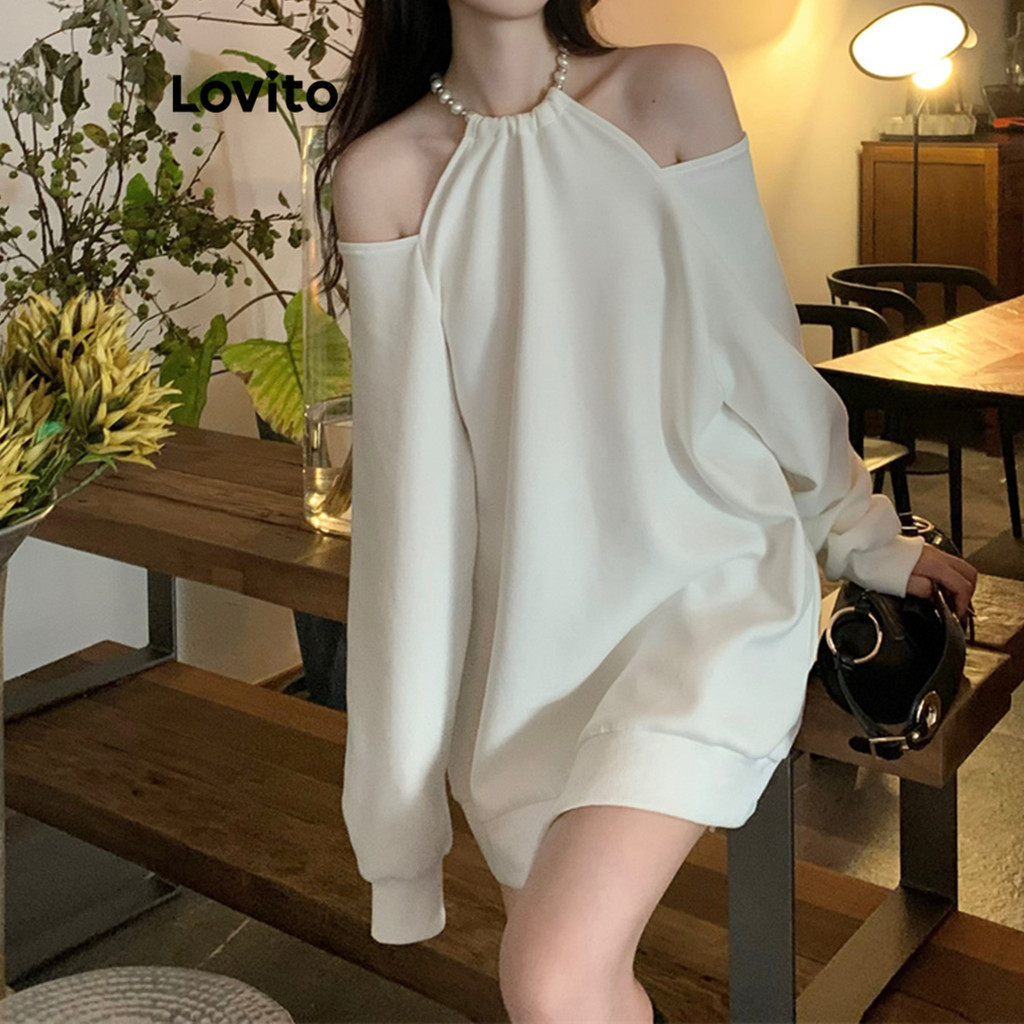 Lovito Women Casual Plain Asymmetrical Cut Out Cold Shoulder Sweatshirt