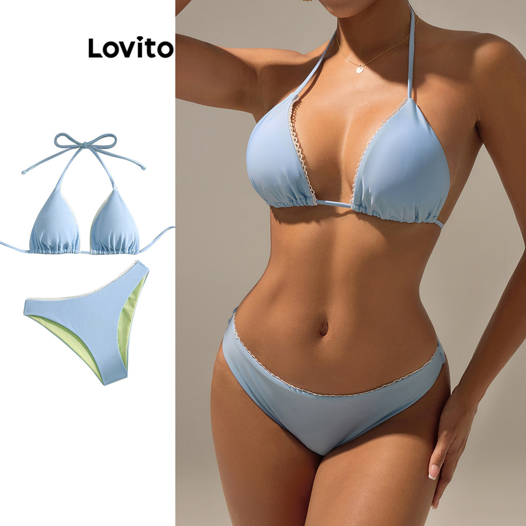Lovito Women Elegant Plain Tie Back Bikini Sets LBL17488 Shopee
