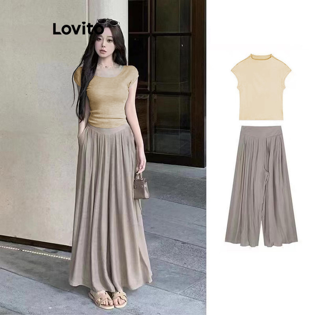 Lovito Women Casual Plain Drawstring Pants Sets LNE59588 Shopee