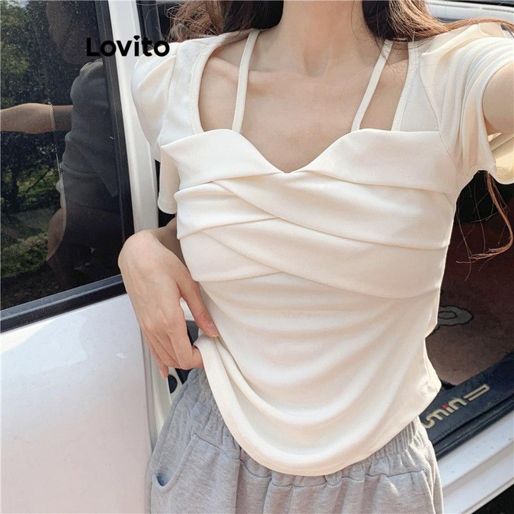 Lovito Women Casual Plain Asymmetrical T Shirt LNE52383 Shopee