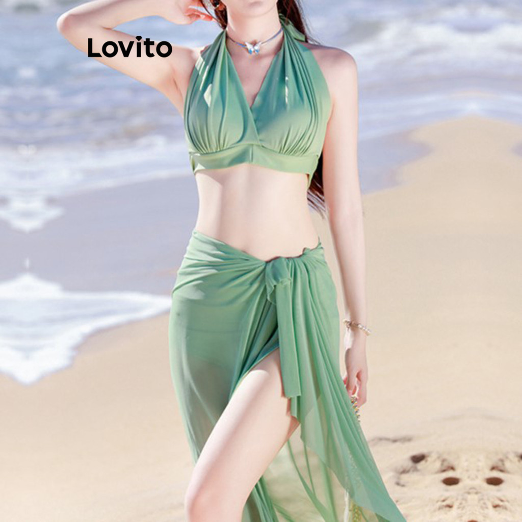 Lovito Women Elegant Plain Lace Up Pleated Bikini Sets LNE48389