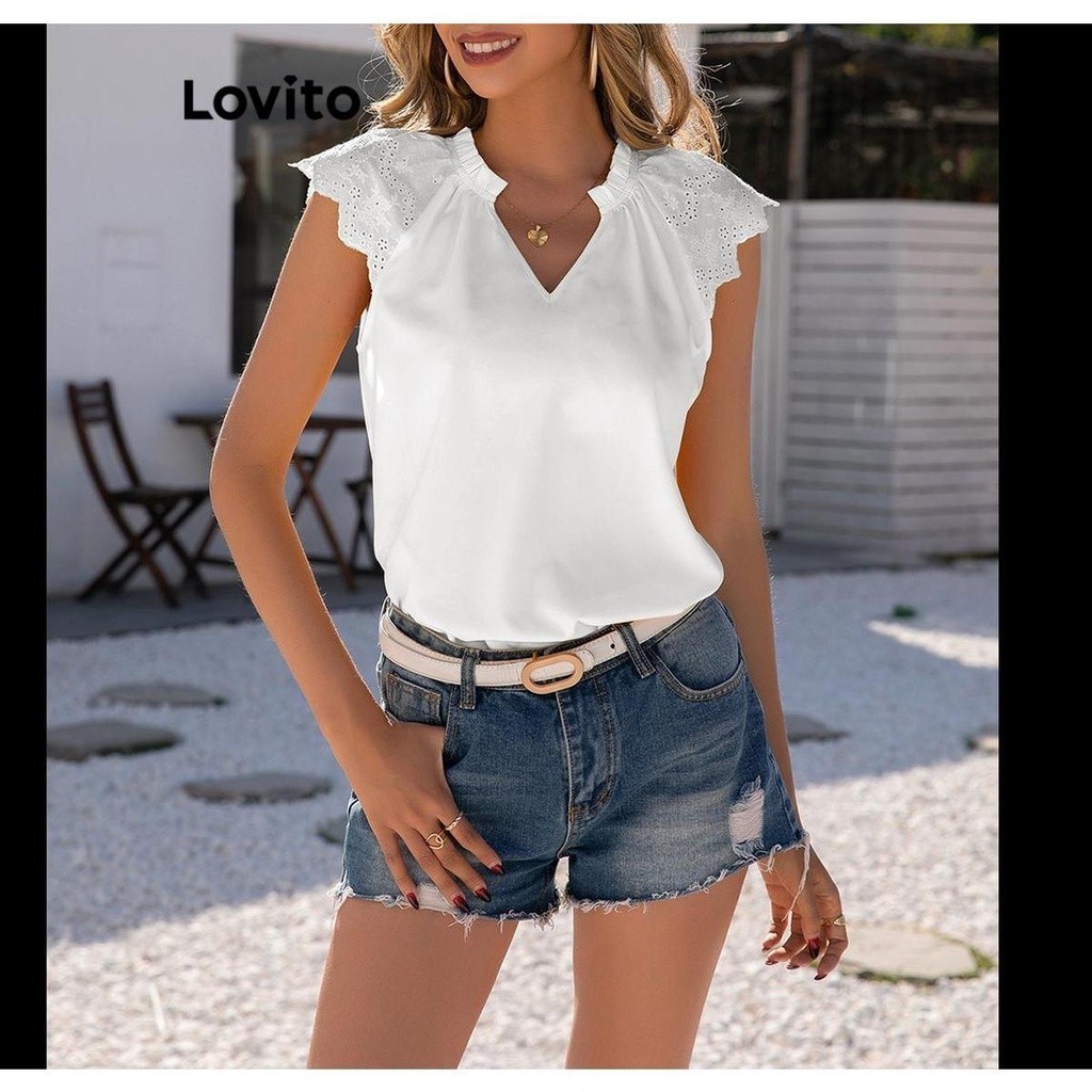 Lovito Women Elegant Plain Lettuce Trim Eyelet Embroidery Blouse