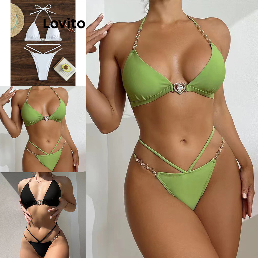 Lovito Women Sexy Plain Lace Up Crystal Bikini Sets LNL Shopee