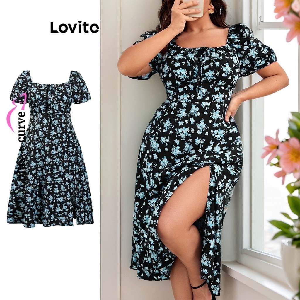 Lovito Women Plus Size Curve Casual Floral Structure Line Split Front