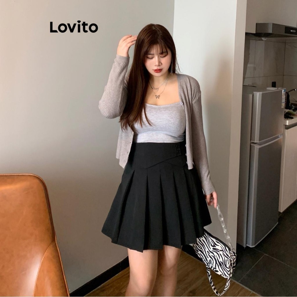 Lovito Women Plus Size Curve Preppy Plain Pleated Skirt Lne