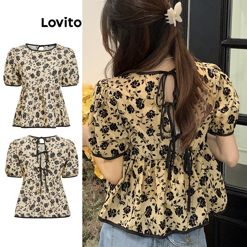 Lovito Women Boho Ditsy Floral Flowers Tie Back Blouse L Ed