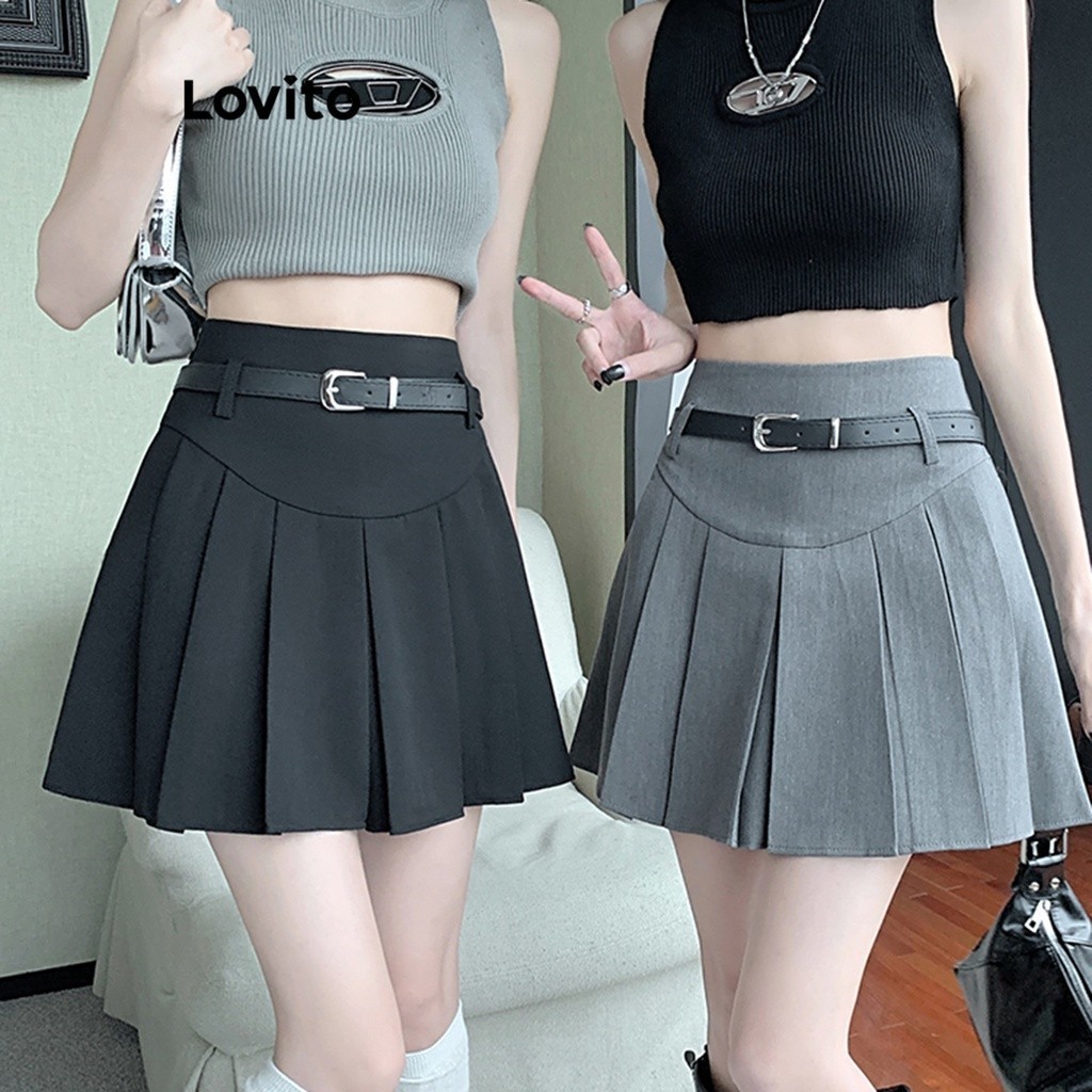 Lovito Women Casual Plain Pleated Skirts Lna Shopee Philippines