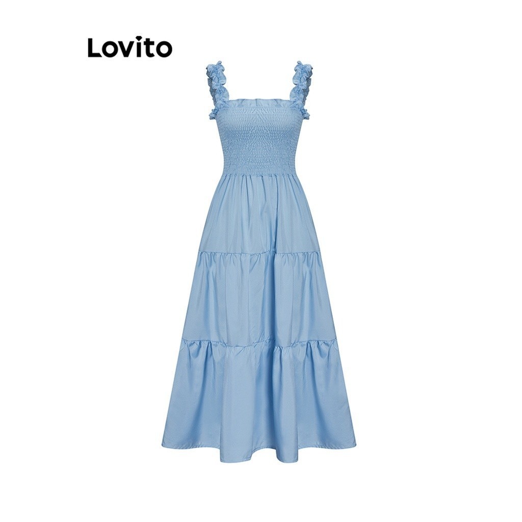 Lovito Women Casual Plain Ruffle Smocked Tiered Layer Dress L68ED200