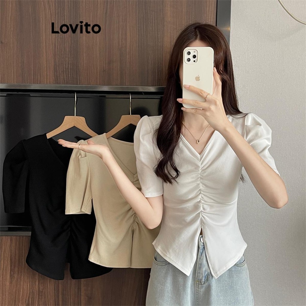 Lovito Women Casual Plain Ruched Pleated Split T Shirt LNE48156