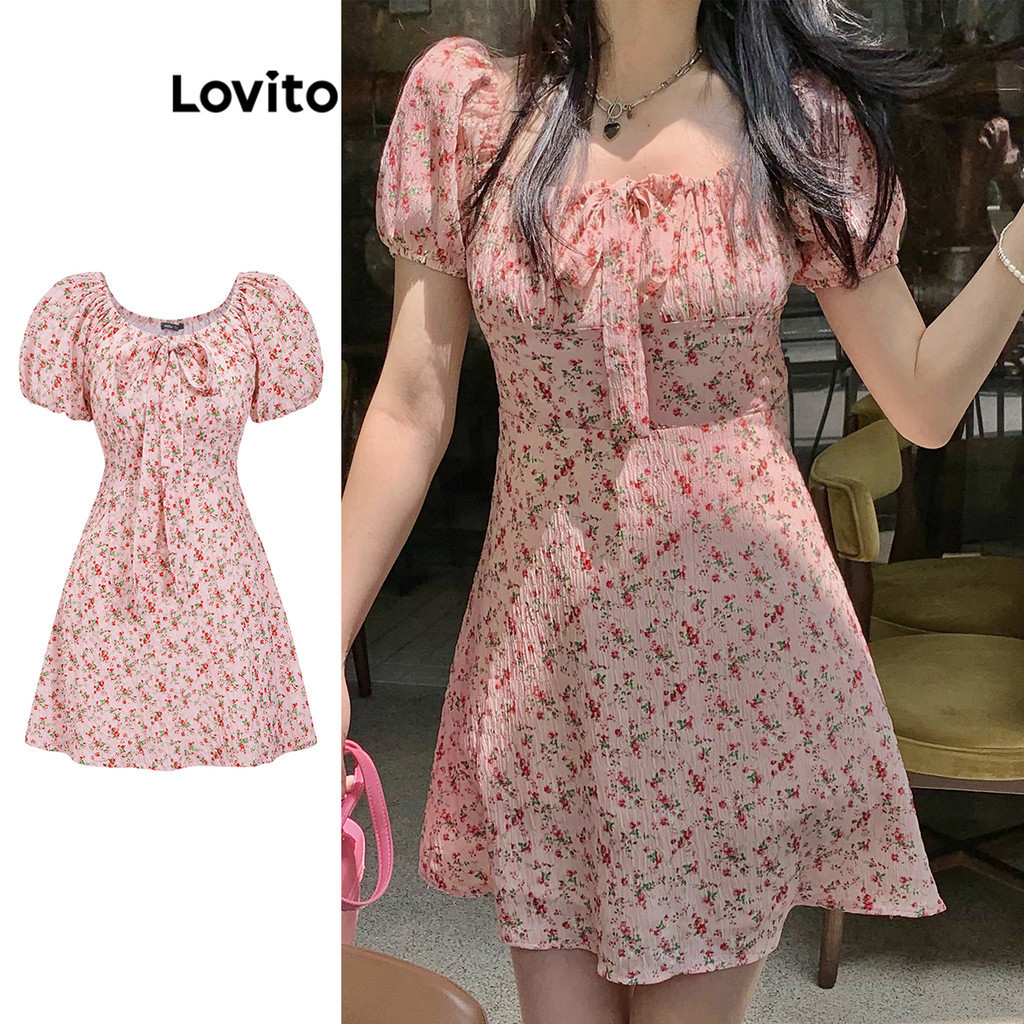 Lovito Women Boho Ditsy Floral Lace Up Puff Sleeve Dress L83ED394