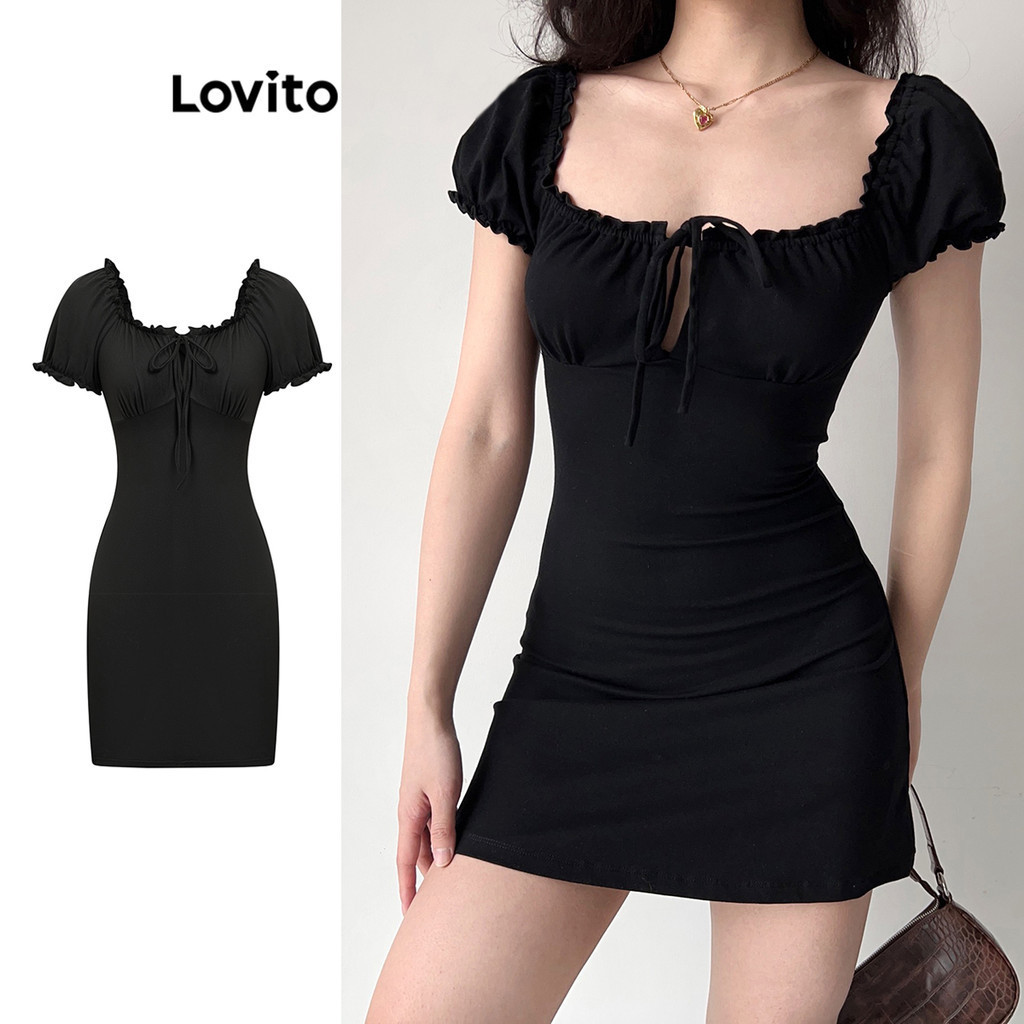 Lovito Women Sexy Plain Frill Drawstring Ruched Dress L86ED193 Shopee