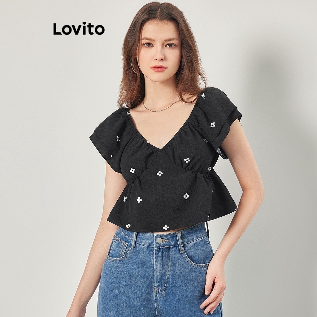 Lovito Women Casual Ditsy Floral Ruffle Hem Structure Line Scallop