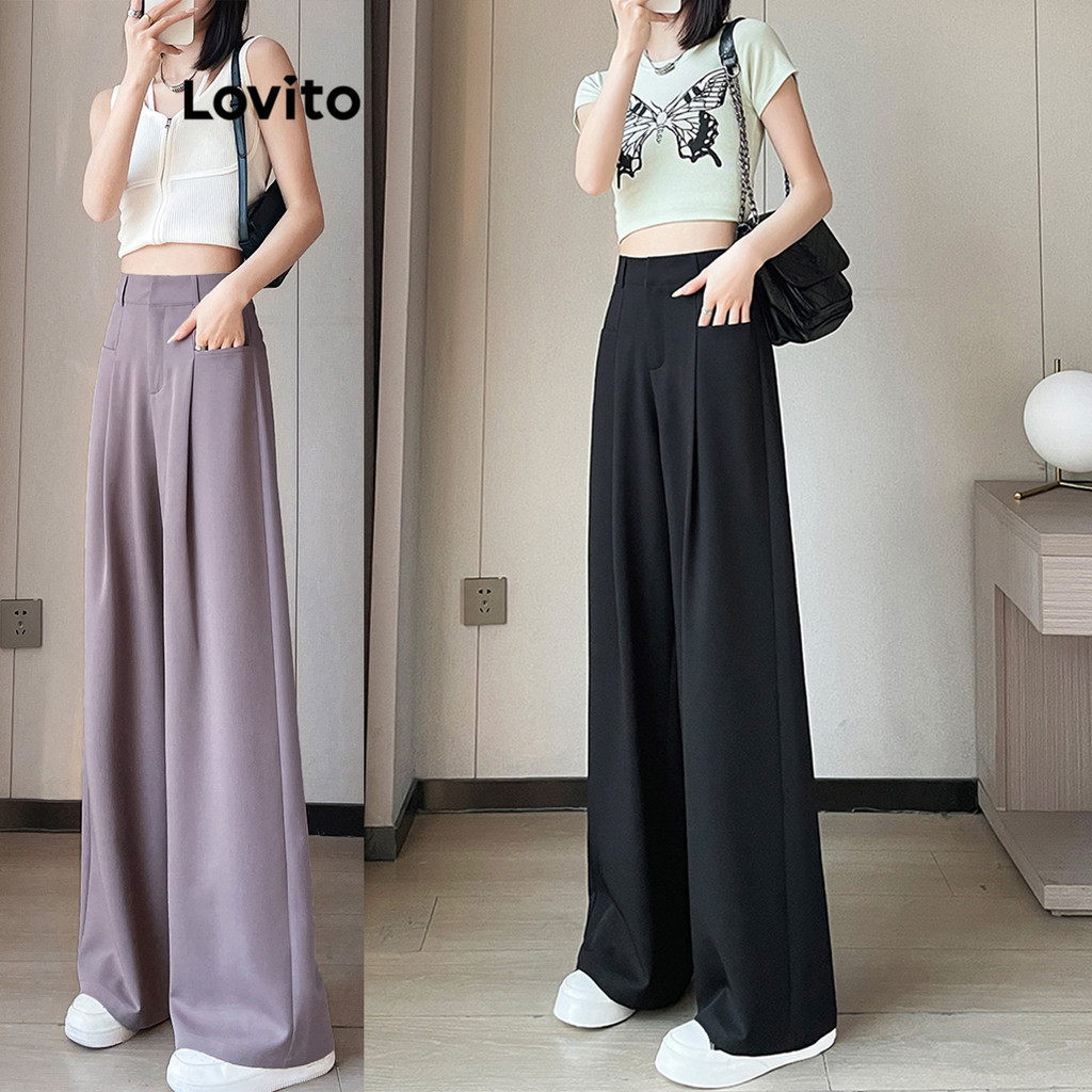 Lovito Women Casual Plain Structure Line Pleated Soft And Comfortable