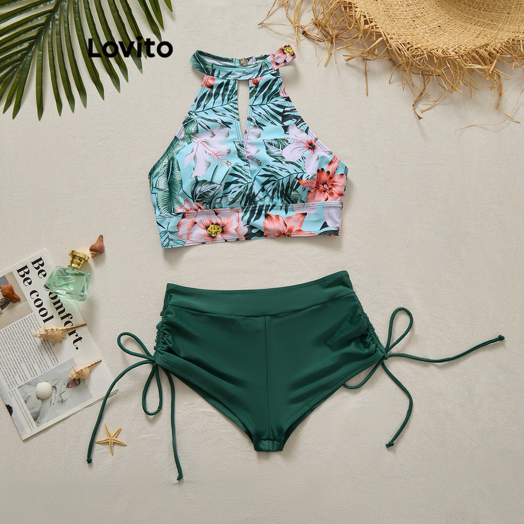 Lovito Women Boho Tropical Ruched Cut Out Bikini Sets LBL20742 Shopee