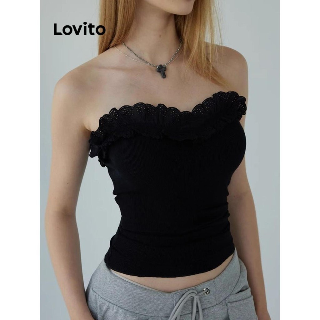 Lovito Women Casual Plain Ruffle Neck Tank Top Camis Lne