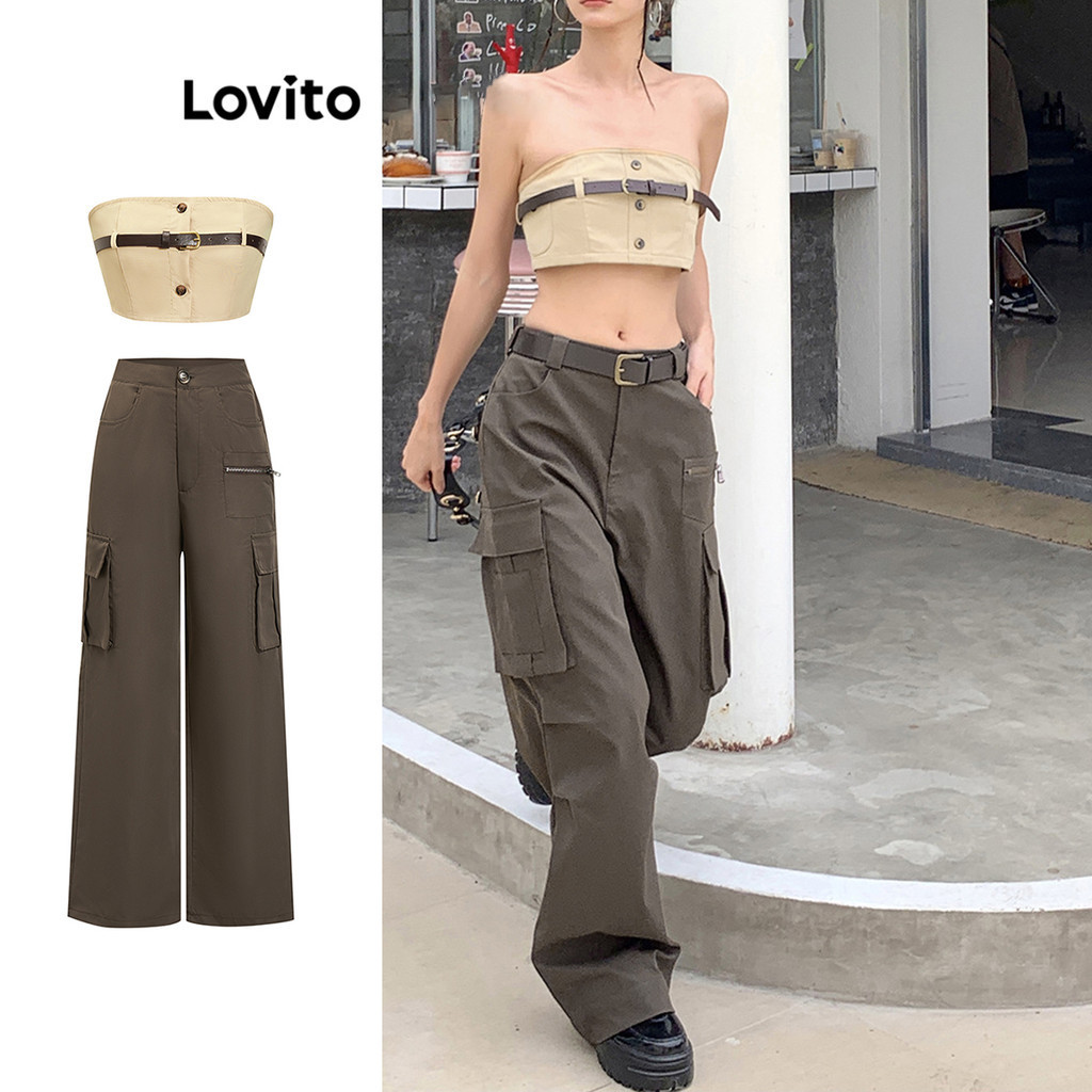 Lovito Women Casual Plain Button Pocket Zipper Belt Included Pants Sets