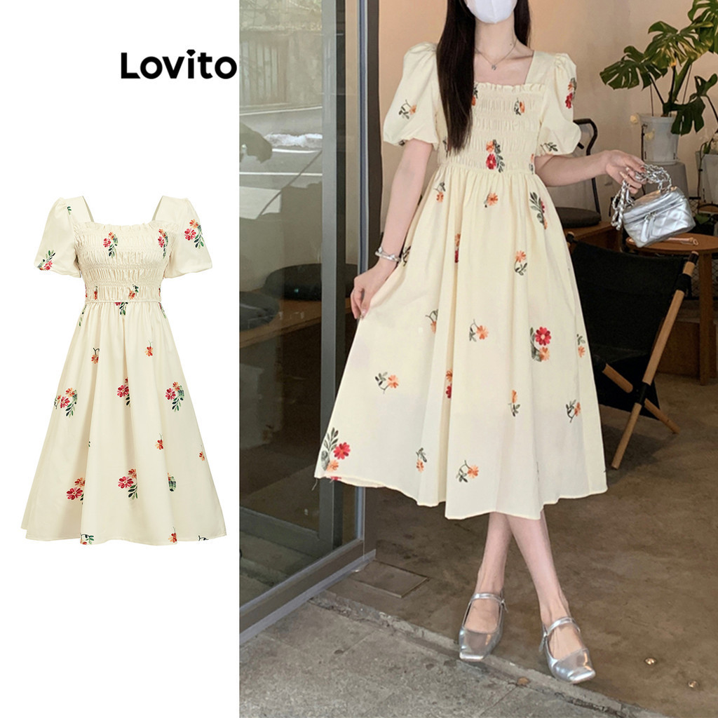 Lovito Women Boho Ditsy Floral Smocked Puff Sleeve Dress L80ED400