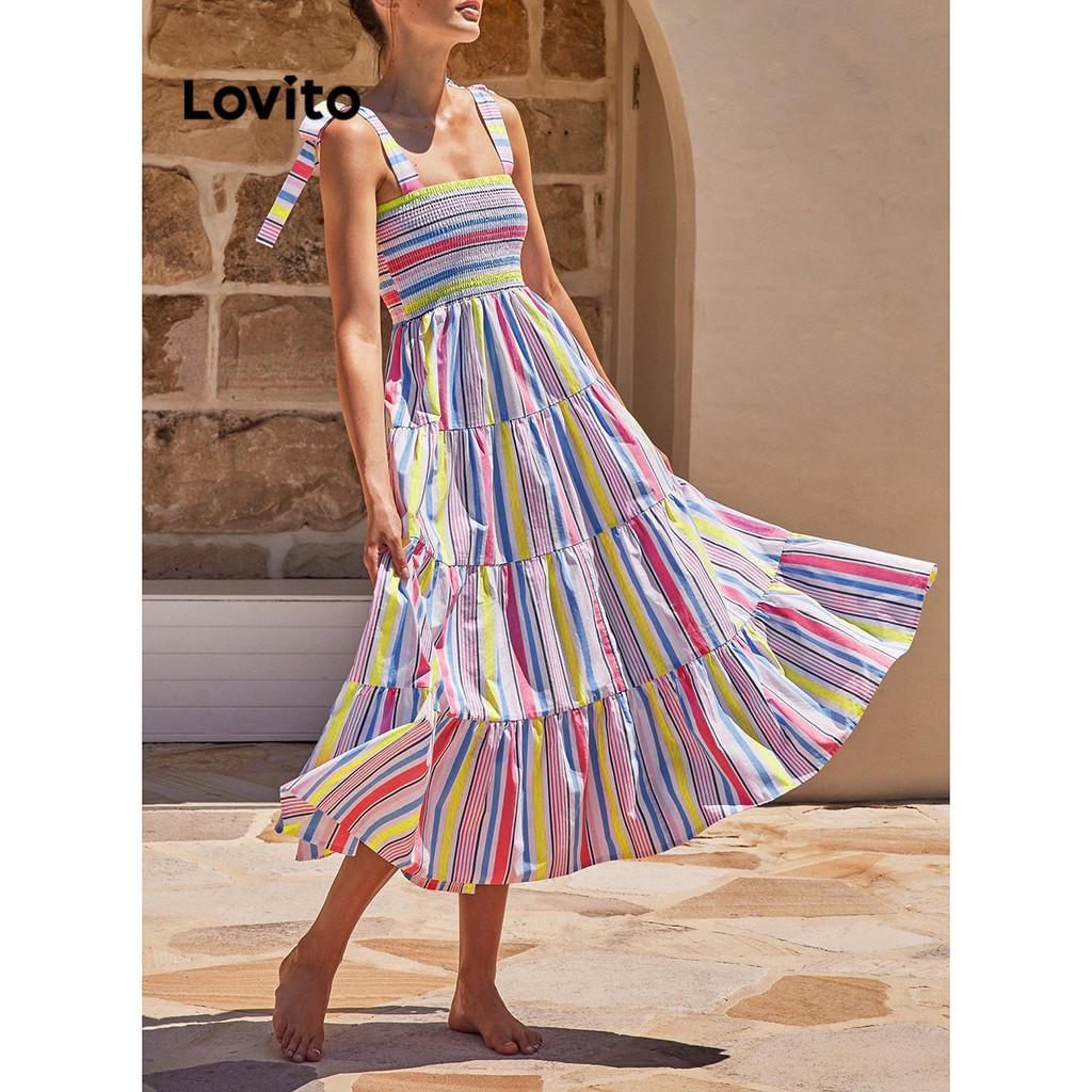 Lovito Women Boho Rainbow Stripe Lace Up Tiered Layer Smocked Dress