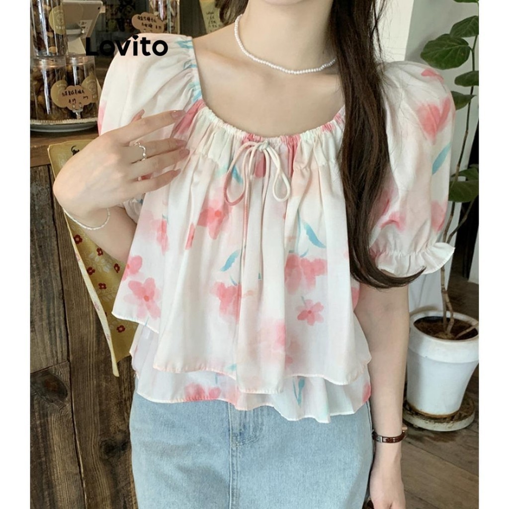 Lovito Women Casual Floral Pattern Tiered Layer Blouse LNE62442